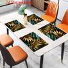 Jit4pcs 2D FLAT Digital Print Placemats, Golden Green Intercalated Plant Leaves, Light Luxury Style Pattern Printed Placemats, Making Your Dining Room