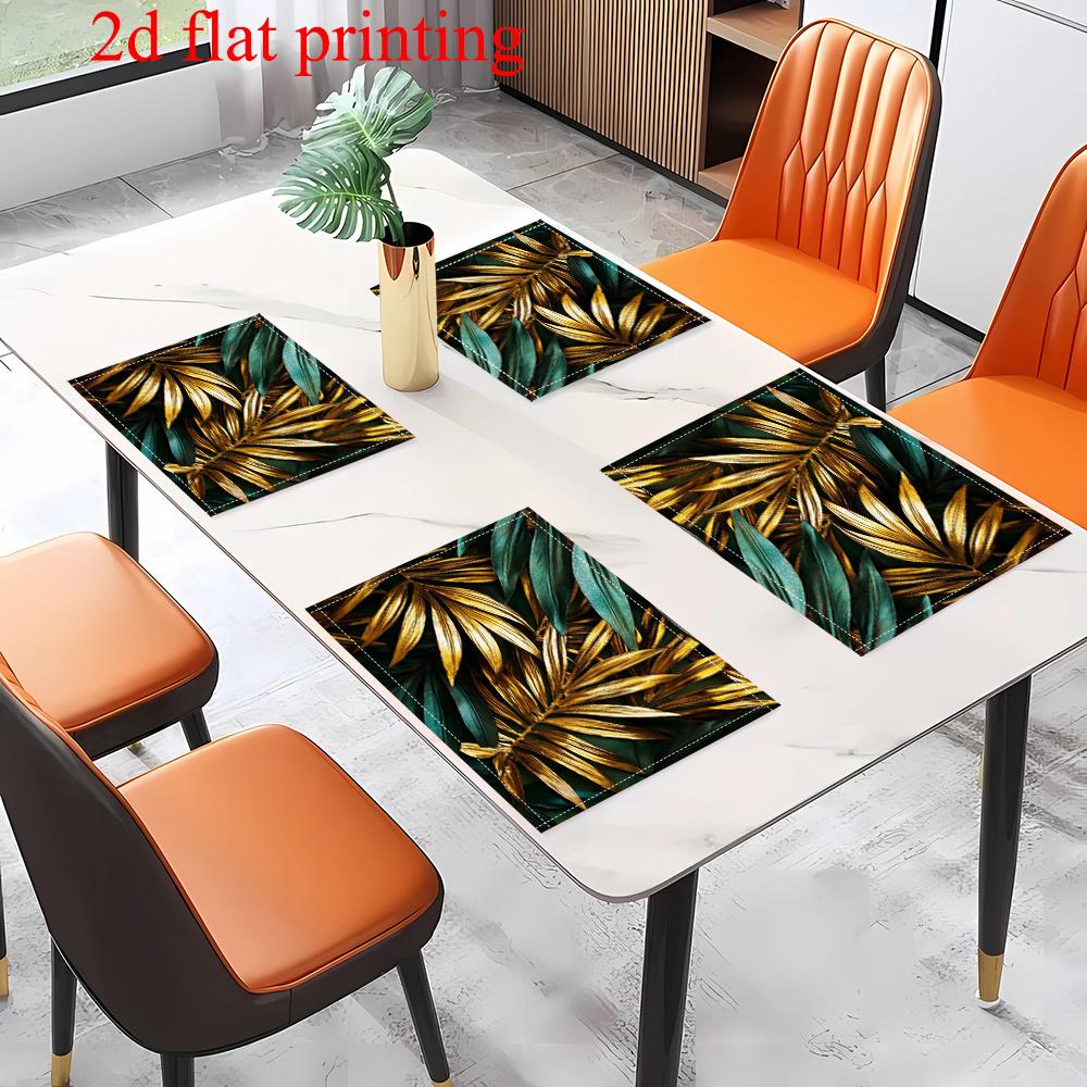 Jit4pcs 2D FLAT Digital Print Placemats, Golden Green Intercalated Plant Leaves, Light Luxury Style Pattern Printed Placemats, Making Your Dining Room