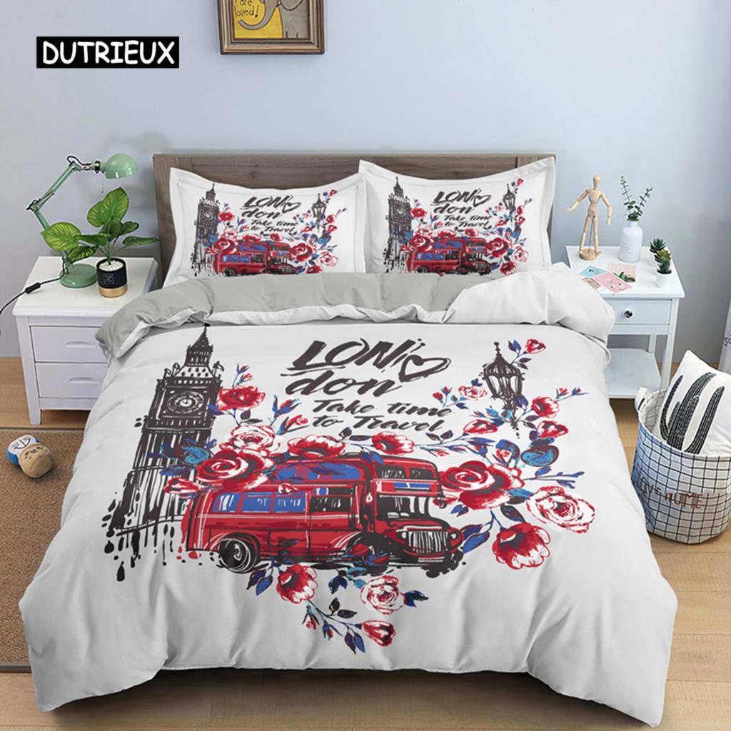 UK London Stil Königin König Bettbezug Britische Elemente Bettwäscheset für Teenager Erwachsene London Bridge Big Ben Polyester Steppdeckenbezug