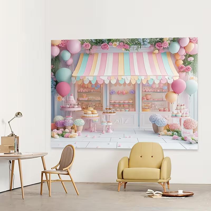 2D Cute Dessert Shop Backdrop, Pastel Macaron Photography Background