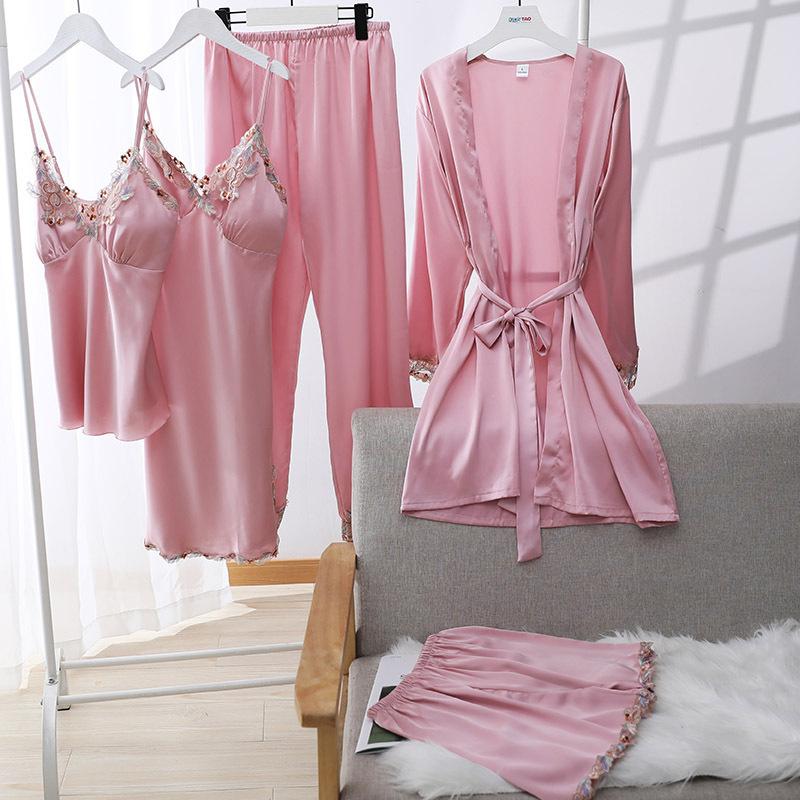 Pajamas women's summer ice silk thin sexy lace suspender nightgown spring and autumn nightgown five-piece silk loungewear