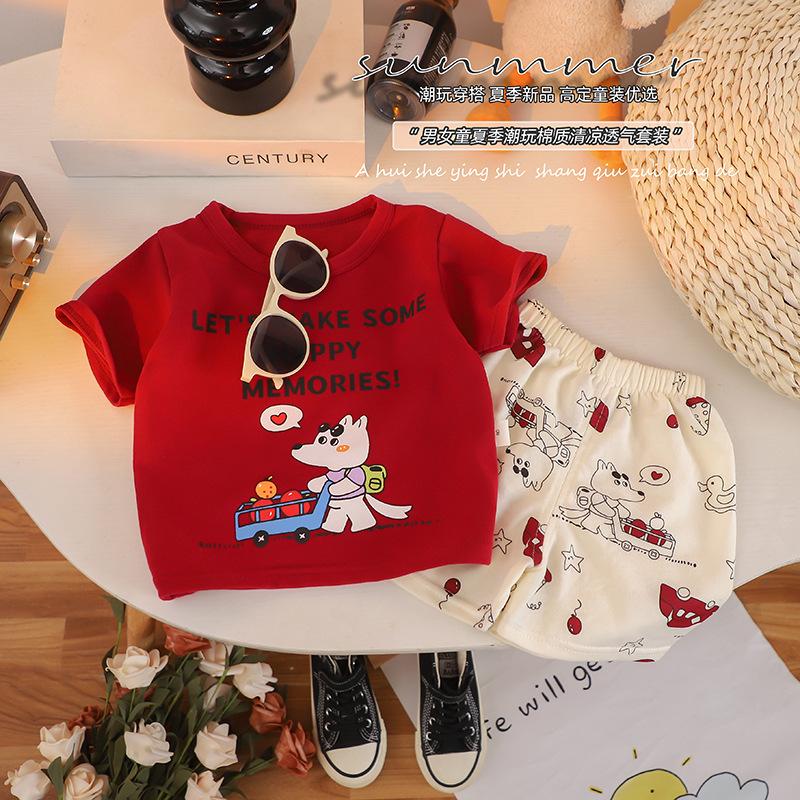 

Детский комплект с коротким рукавом, мультяшный, для девочки, для мальчика, летняя детская одежда, корейская версия, детская одежда 130cm красный