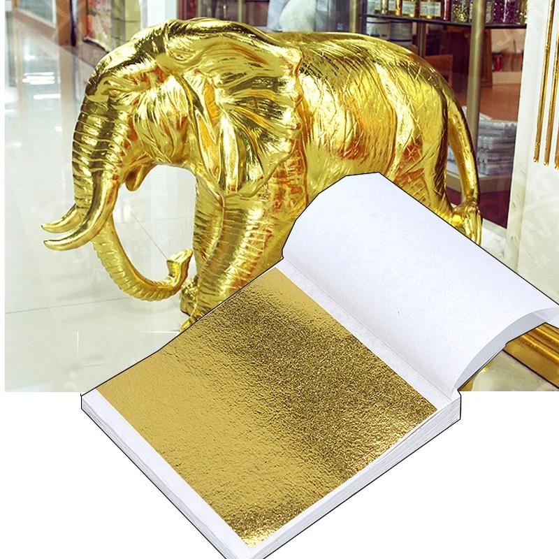 Aomily 9x9cm 100 Sheets Practical K Pure Shiny Gold Leaf for Gilding Funiture Lines Wall Crafts Handicrafts Gilding Decoration