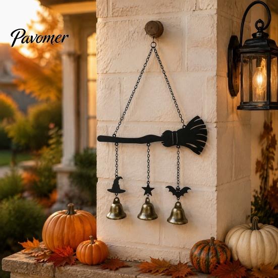 Holiday Party Supplies Halloween Witch Broom Wind Chime, Decorative Hanging Bells Metal Bell for Indoor Outdoor Garden Patio Porch Chime