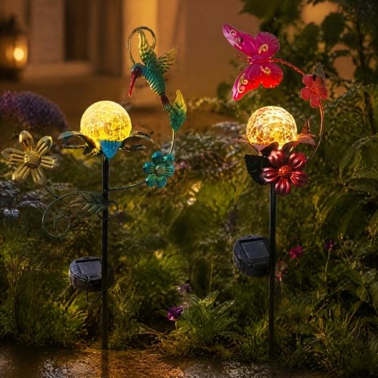 Nature Inspired Outdoor Accents Solar Glass Cracked Ball Garden Light, Butterfly Hummingbird Metal Weather Resistant Lawn Ornaments Stake Waterproof
