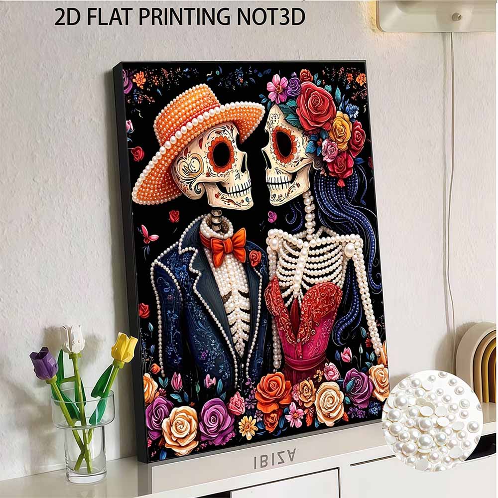 DIY Frameless Pearl Art Kit Sugar Skull Couple Design 3D Bead Painting Canvas Relaxing Handmade Craft for Romantic Home Decor