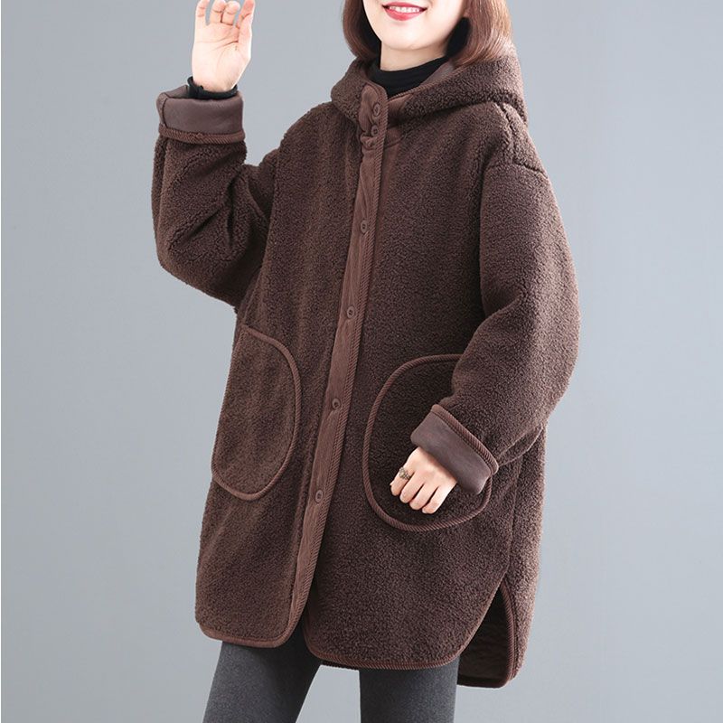 Women Thickening Splicing Together Outwear Korean Ladies Hooded Lamb Plush Jacket Winter Female Medium Long Styles Top Coat