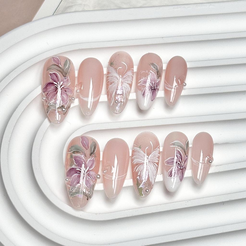 Women INS‑Style Press‑On Nails Handcrafted Finished Hand‑Painted Watercolor Floral‑Butterfly False Nail Tips
