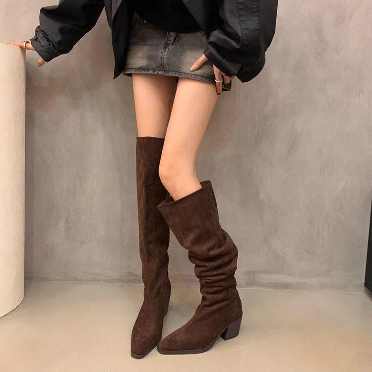 Pile Boots Vintage Suede Khaki Boots Over Knee Boots Women's Boots French Autumn Skinny Boots Thick Heel High Boots