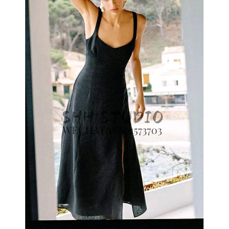 Spring New Temperament Sexy round Neck Open Back Bottom Slit Linen Blended Shoulder Strap Length Dress 3314354