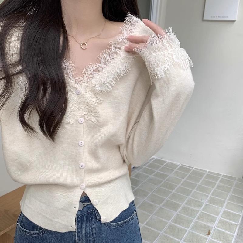 

Кардиган женский вязаный с кружевом и воротником, весенний, милый и пикантный, универсальная базовая рубашка со свитером внутри L