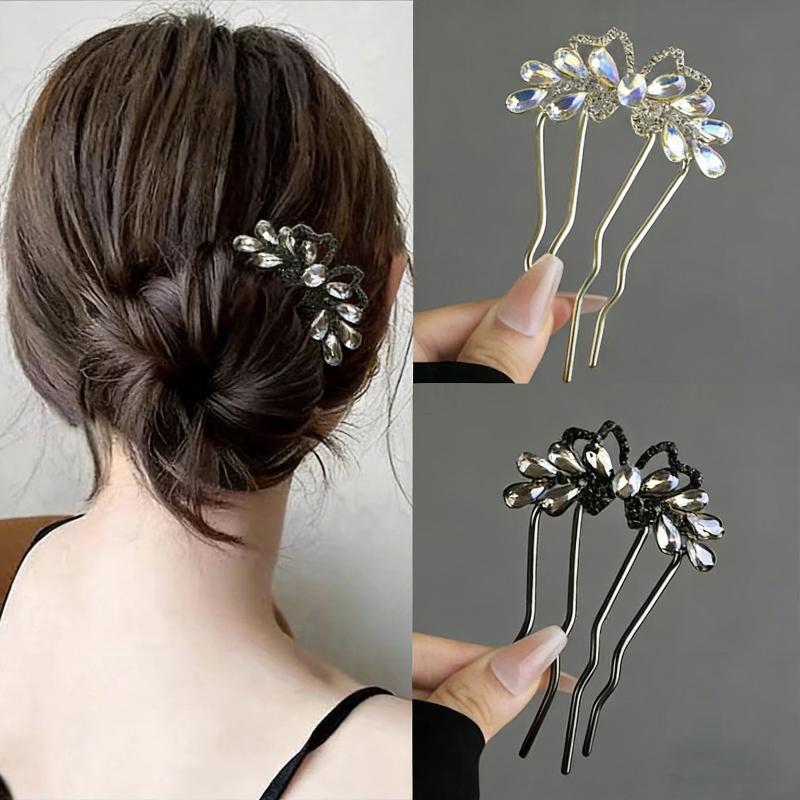 1Pcs Bun Comb Hanfu Metal Hair Clips Fashion Rhinestones U-Shaped Hair Sticks Butterfly Hair Stick For Women Hair Accessories