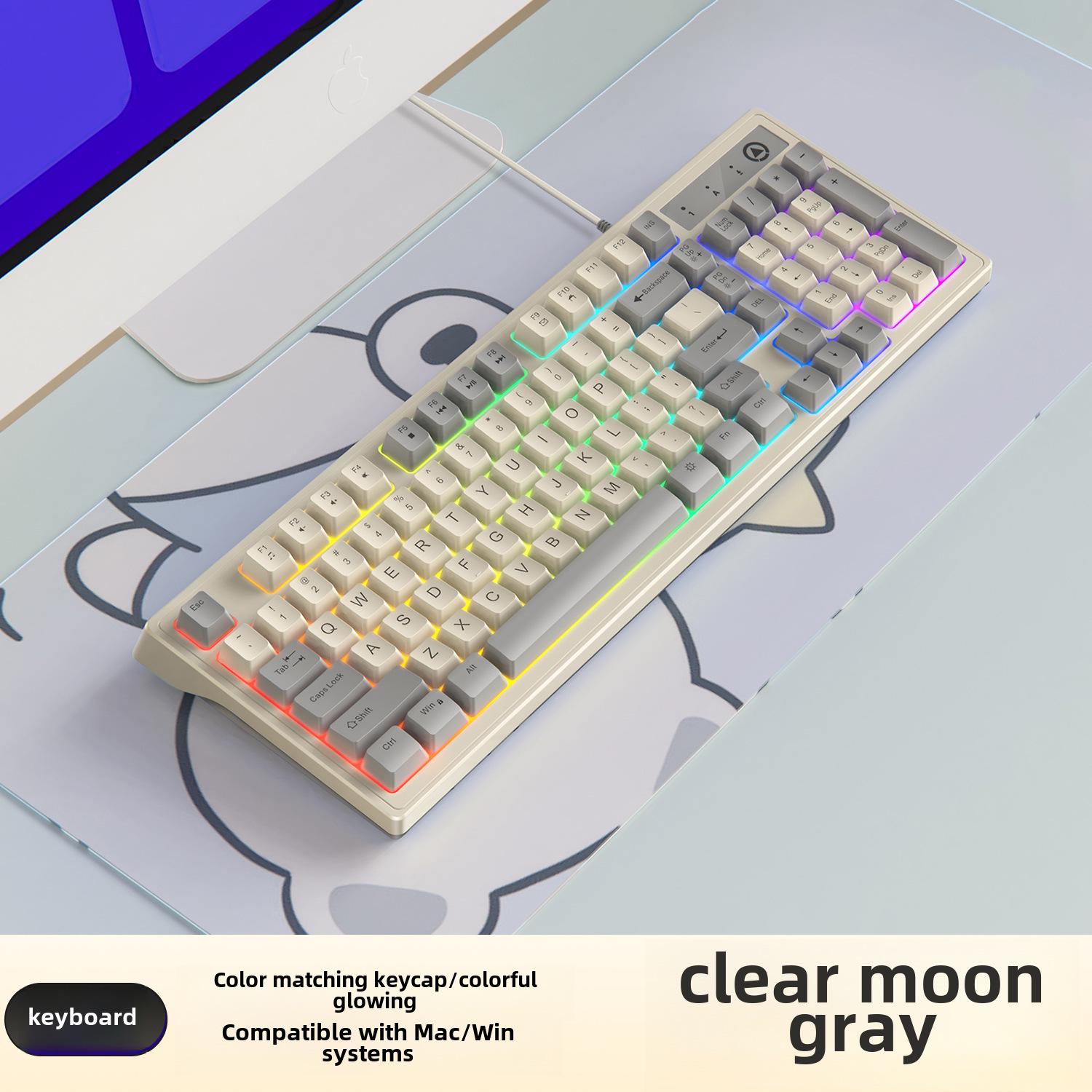 

Серебристый игровой набор клавиатура и мышь KM800: Настраиваемые, Проводные, Светящиеся Настольные Аксессуары с 98 Клавишами.