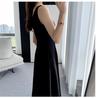 2024 Women's Black Spaghetti Strap Dress - French Style, Waist-Hugging, Hepburn Inspired, Square Neck, High Waist, Over-the-Knee Length