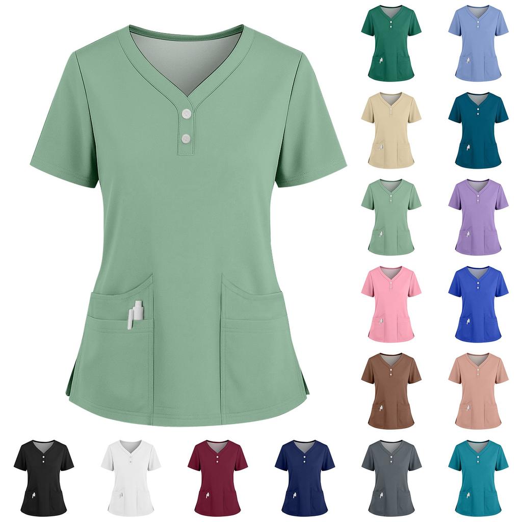 Women's Short Sleeved Solid Color V-neck Buttonable Side Slit Top T-shirt