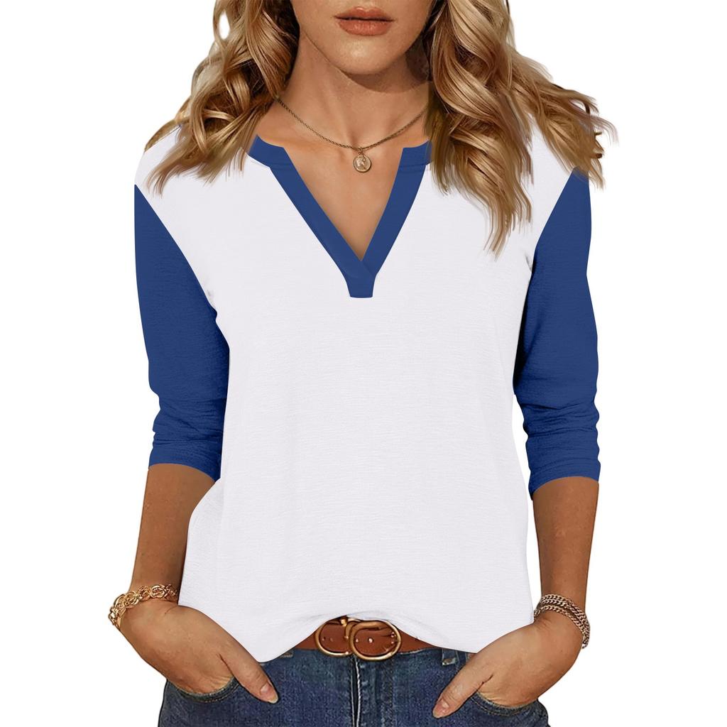 Women's Casual Fashion Sexy Comfortable V-neck Stitching Color Three-quarter Sleeve Top