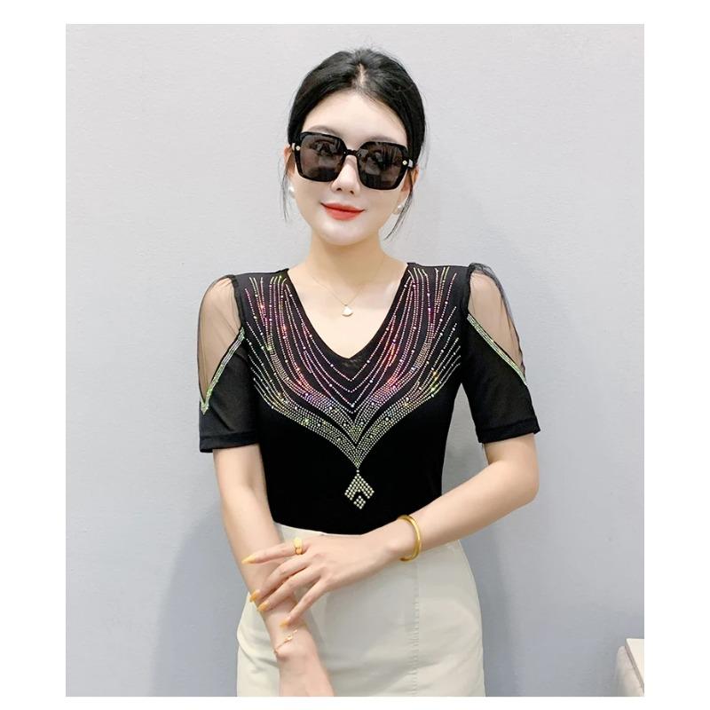 Summer V Neck Mesh Korean Fashion Patchwork Diamond Shirt Short Sleeve Women T Shirt