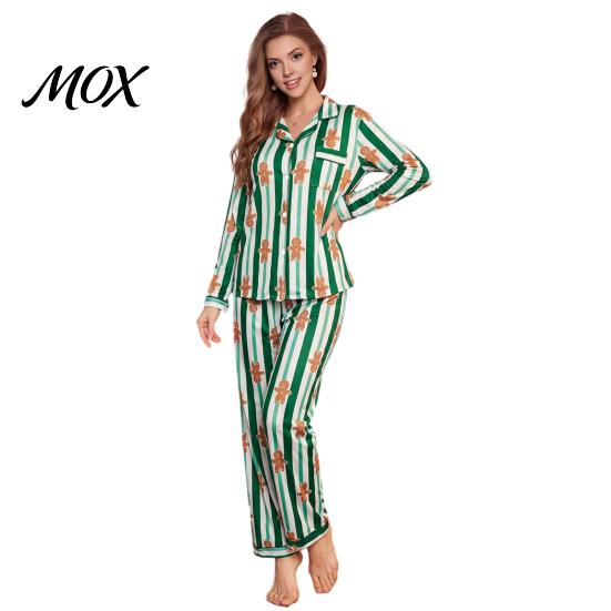 Comfortable Home Wear Christmas Pajamas 2-Piece Set for Women, Striped Gingerbread Man Print Lounge Set, Button Down Long Sleeve Top Pants Sleepwear