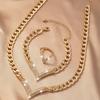 Geometric V-Shaped Necklace, Bracelet & Ring Set with Inlaid Diamonds - European & American Design