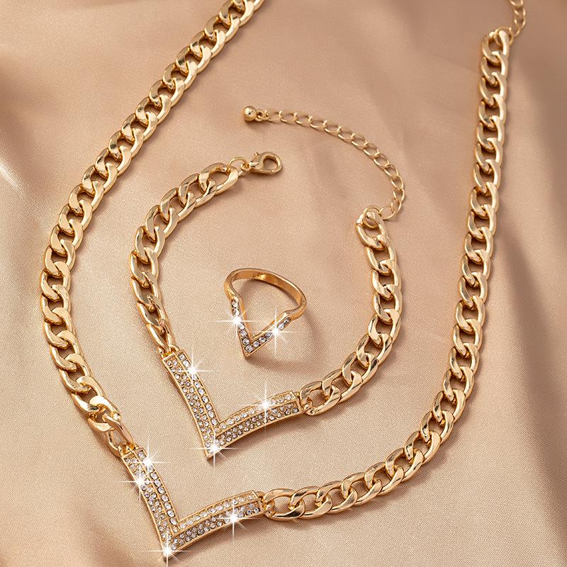 Geometric V-Shaped Necklace, Bracelet & Ring Set with Inlaid Diamonds - European & American Design