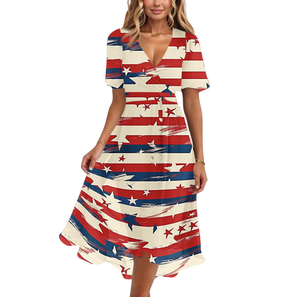 Women's Casual V Neck Short Sleeve Dress Independence Day Print Floral Pattern Knee Length Summer Dress