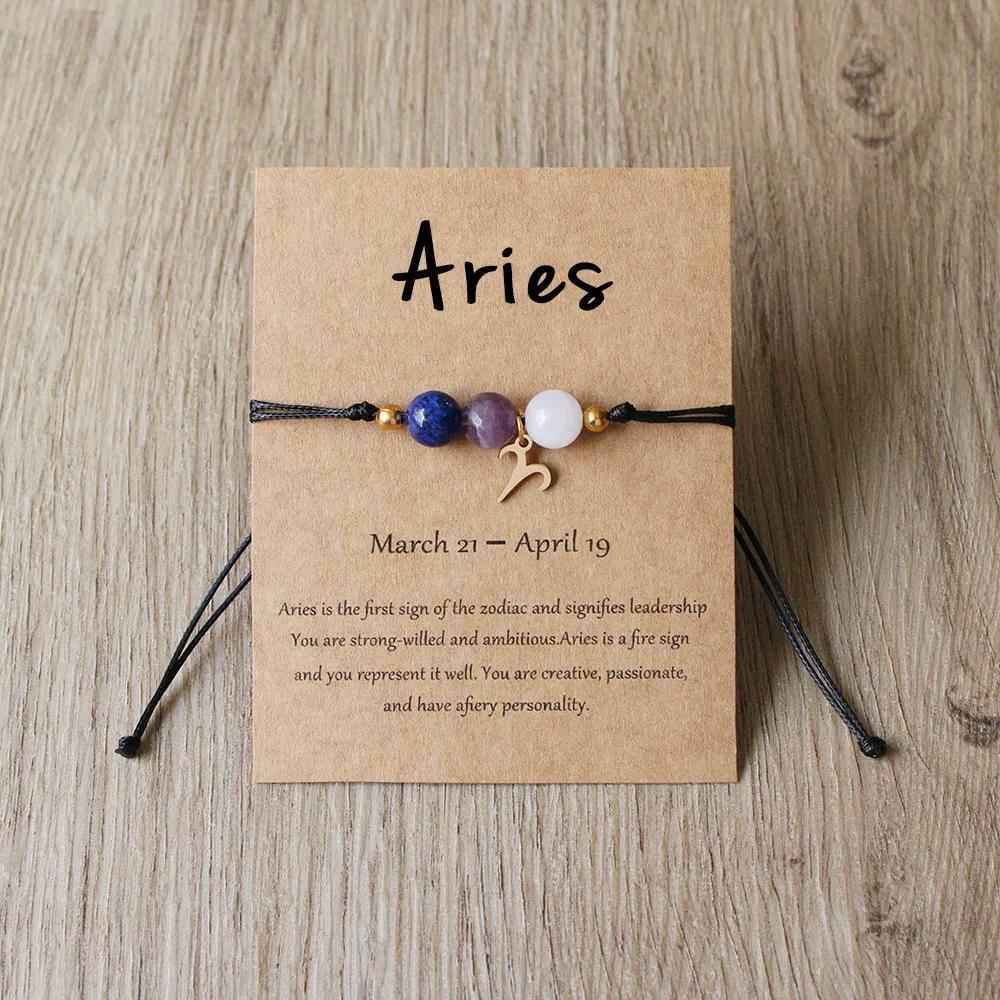 Bracelet Charms 12 Signes du Zodiaque en Pierre Naturelle pour Femmes Hommes Bracelet Tressé en Carton Lion Vierge Balance Cadeau Réglable