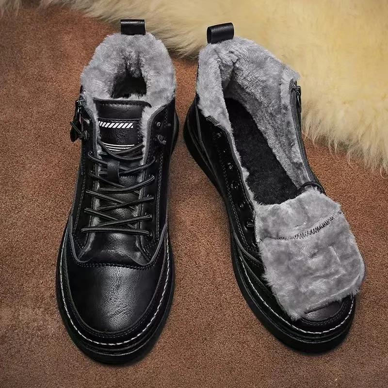 Fashion Mens Boots Winter Fashion High Top Leather Shoes Brown Black Ankle Boots Short Plush Lace-up Cotton Shoes Male Sneakers New