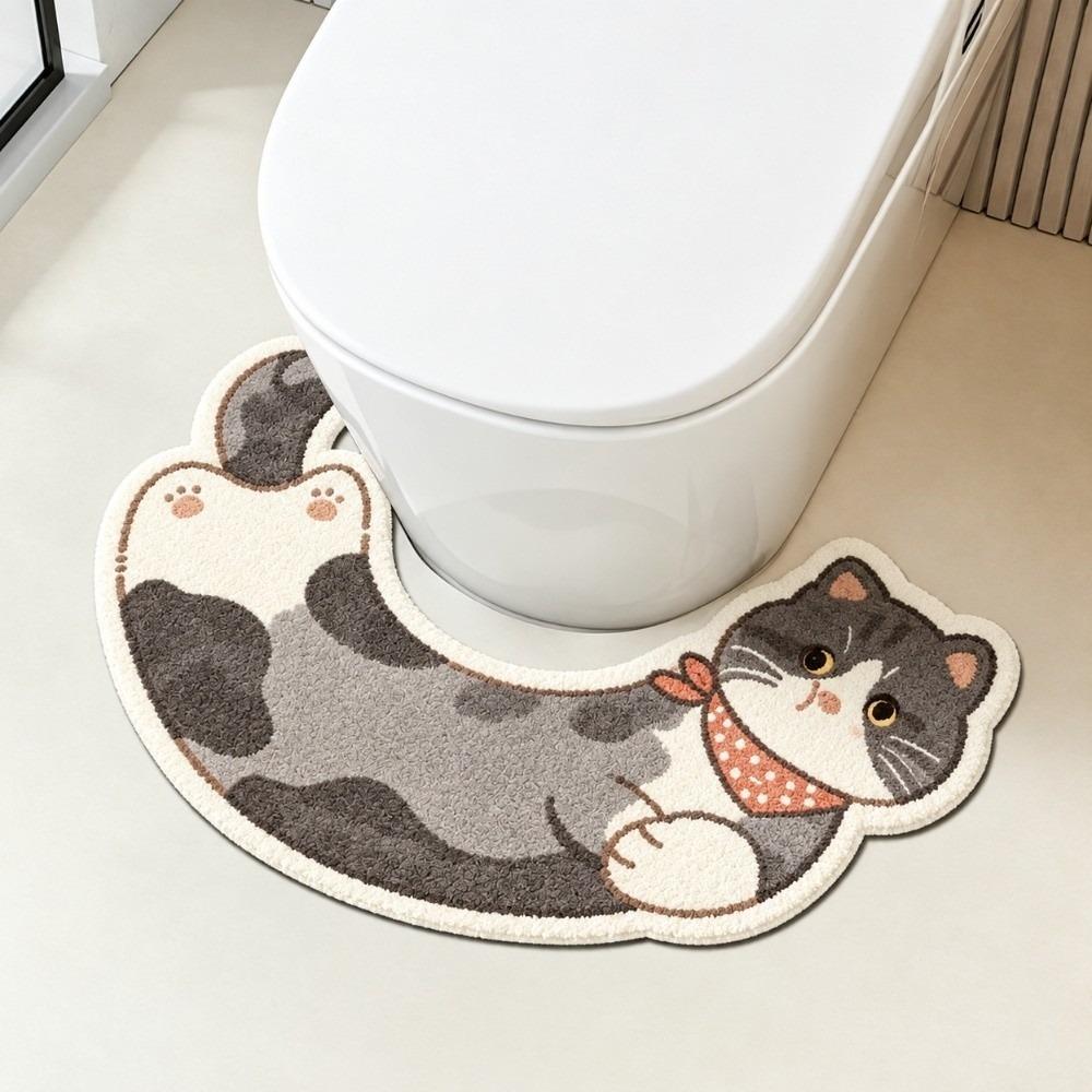 Splash Proof Decorative Floor Mat U-Shaped Curved Toilet Rug Cat Pattern Rug Toilet Base