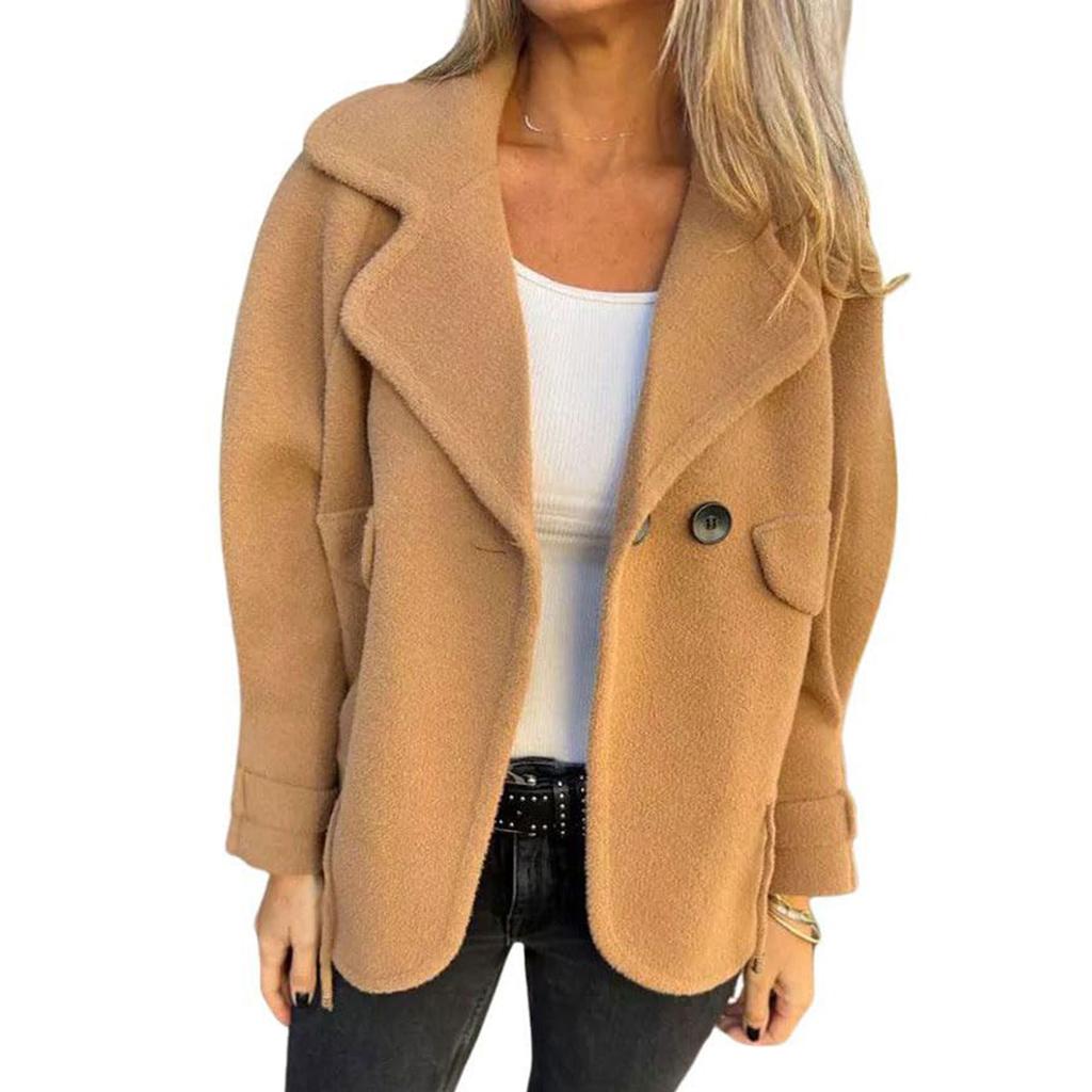 Women's Fashionable Solid Color Long Sleeved Casual Lapel Button Down Woolen Coat