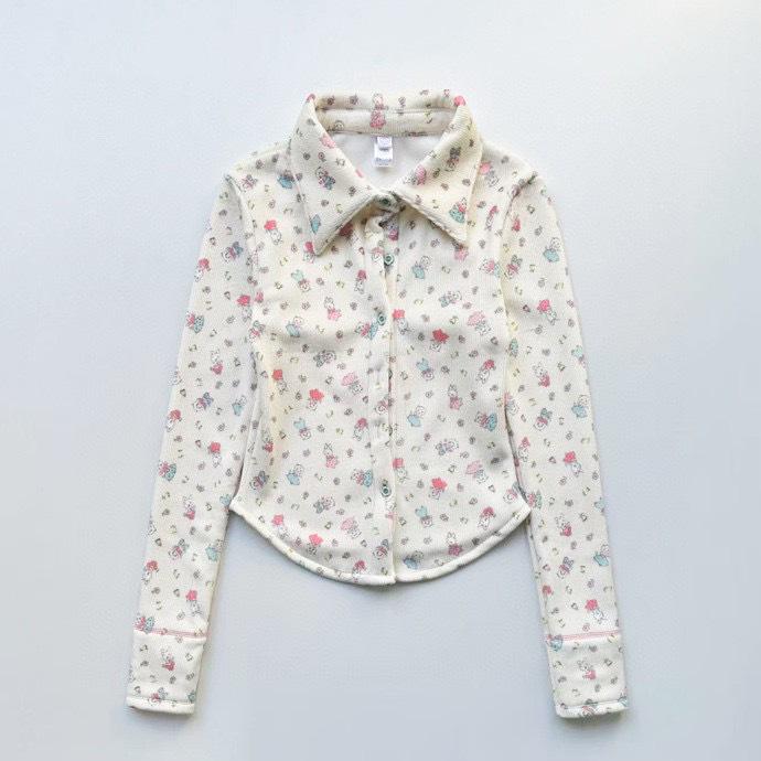 Korean Niche Cute Cartoon Embroidered Long Sleeve Lapel Shirt S грязно-белый