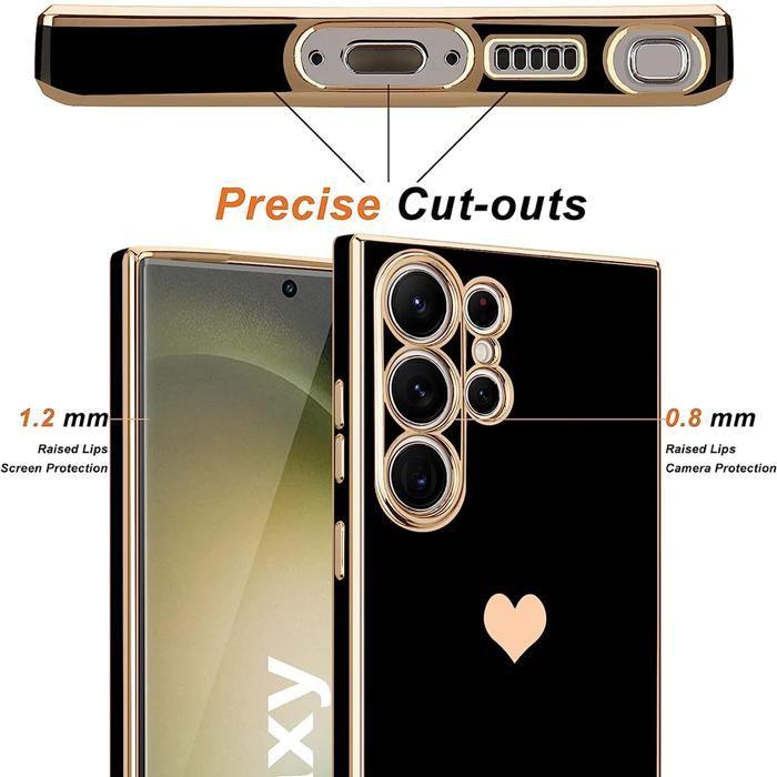 Coque - BOOLING - pour Samsung Galaxy S23 Ultra - Protection Silicone - Motif Coeur - Noir Doré - 2 Vitres