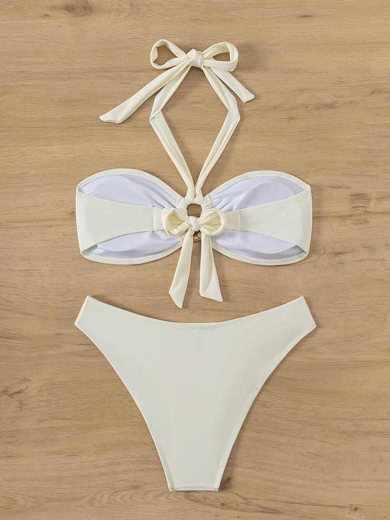 Solid Color Halter Strap Tube Top Sexy Bikini Split Swimsuit