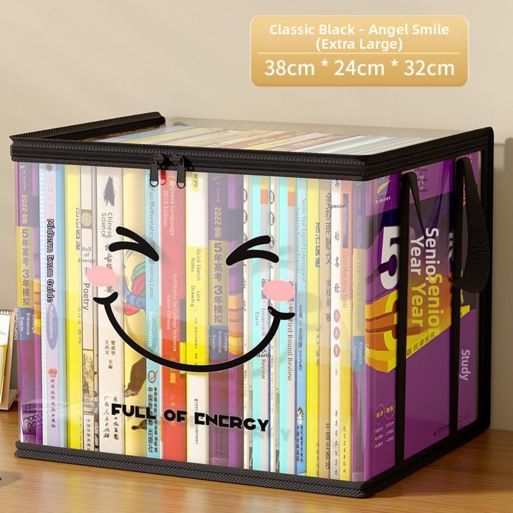 Große quadratische Buchaufbewahrungstasche PVC Transparenter Deckel Design Aufbewahrungsbox Reißverschluss Fröhliches Gesichtsmuster Organizer-Behälter Heimorganisation