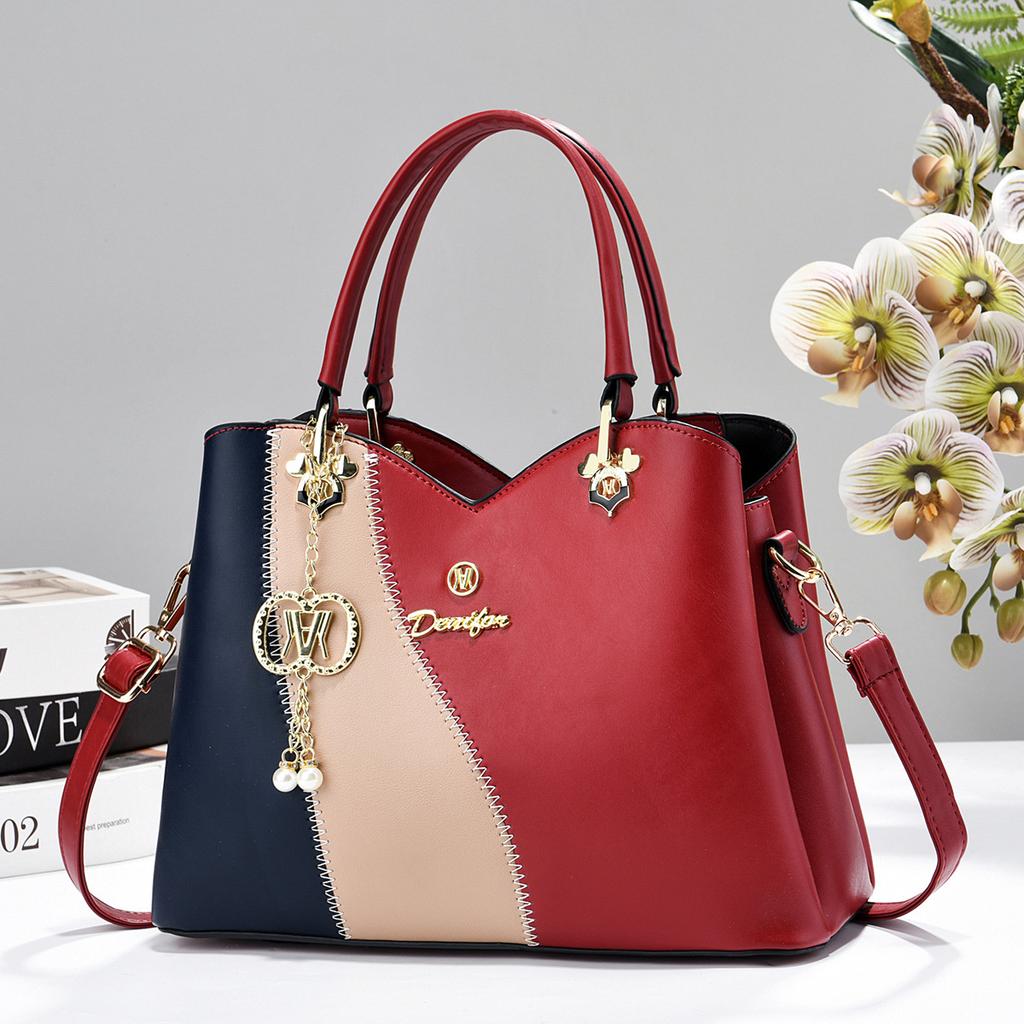 Soft Skin Roomy Daily Handbag For Mature Ladies, Fashion Contrast Color Multiway Shoulder Crossbody Mommy Bag