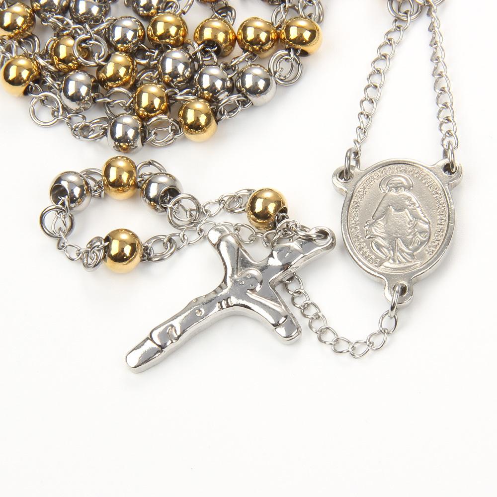 3/4/6mm Stainless Steel Religious Rosary Beads Necklace Saint Benedict Virgin Mary Christian Cross Pendants Faith Prayer Jewelry