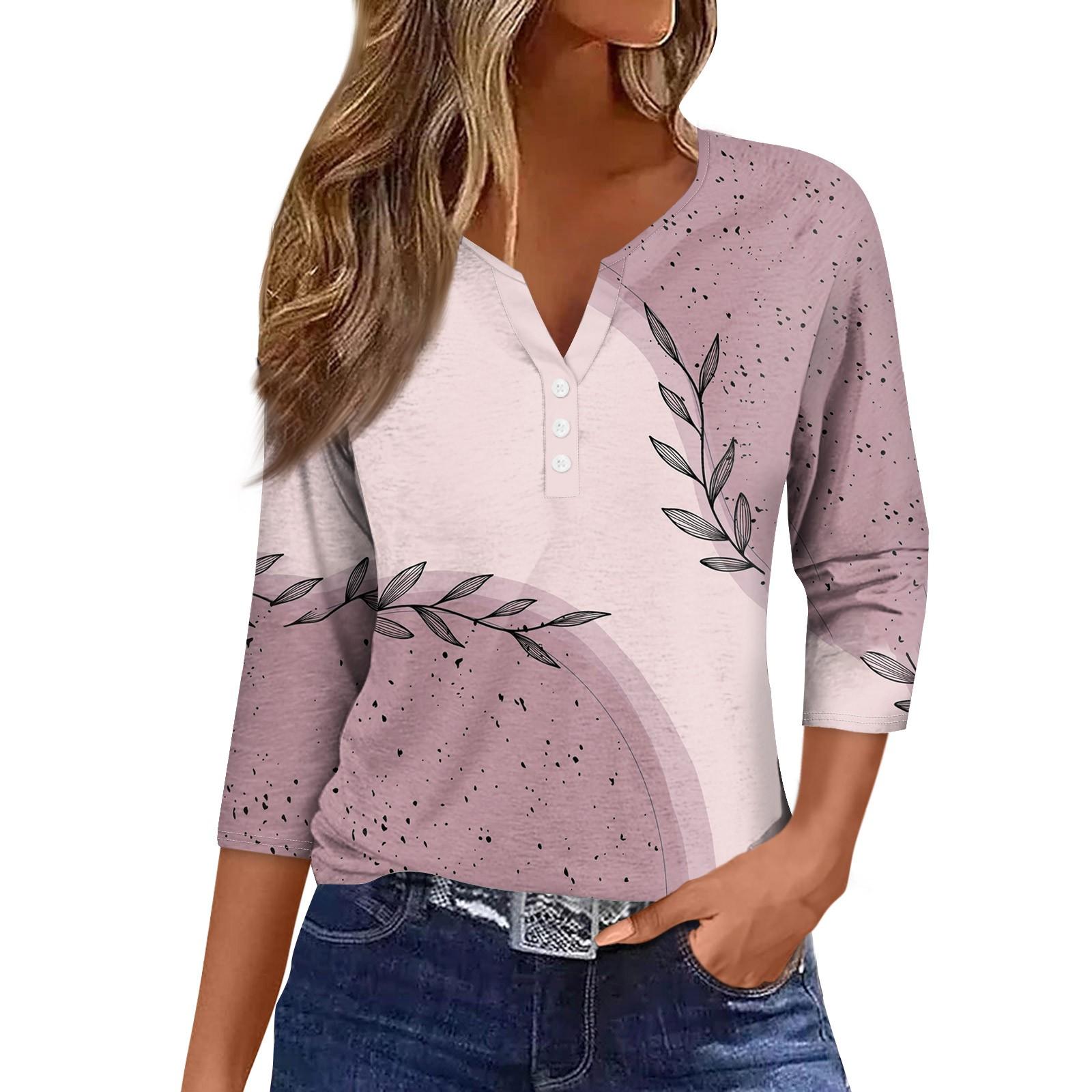 

Жіноча модна повсякденна футболка з принтом і V-подібним вирізом з короткими рукавами та декоративними ґудзиками з рукавом три чверті M Кіновар