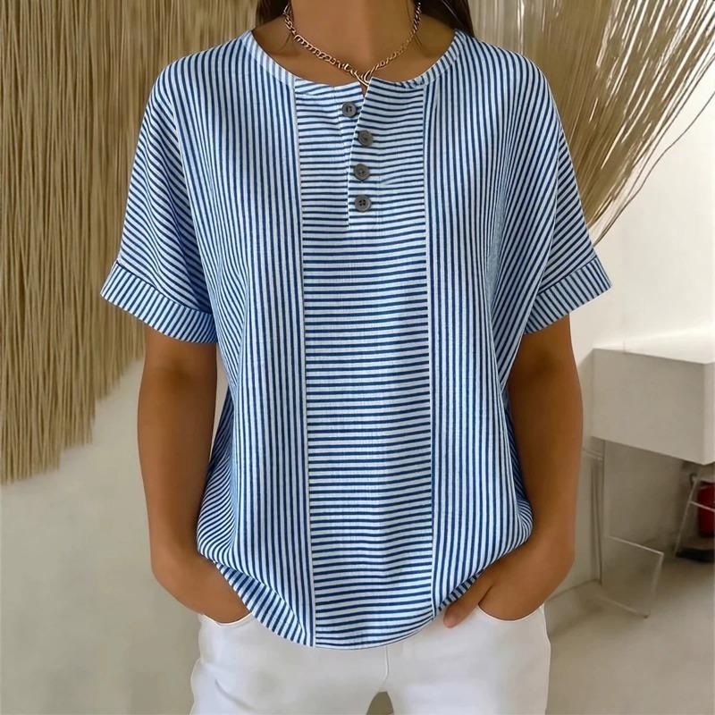 Women Blue White Vertical Stripe Henley Neck Half Button Roll Cuff Short Sleeve Loose Casual Blouse S синий