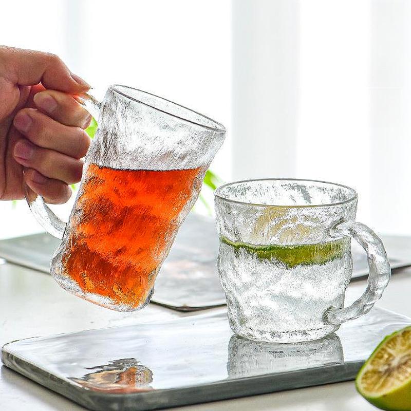 10.3oz/13.7oz Glacier Shaped Glass Cup with Handle Heat-resistant Tea Cup Party Water Bottle Juice Beverage Cups Cold Drink Mug