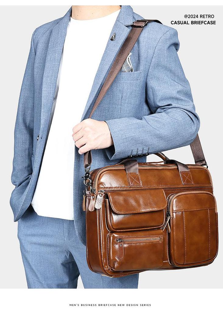 Men's Genuine Leather Crossbody Laptop Bag – Top Layer Cowhide Briefcase Handbag