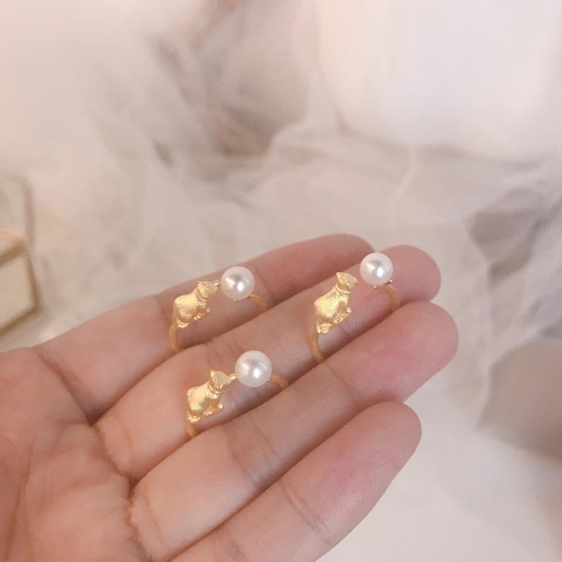 Light Luxury Elegant Pearl Cats Jewelry Sets Exquisite Ancient Gold Craftsmanship Art Earrings For Women Ring Necklace
