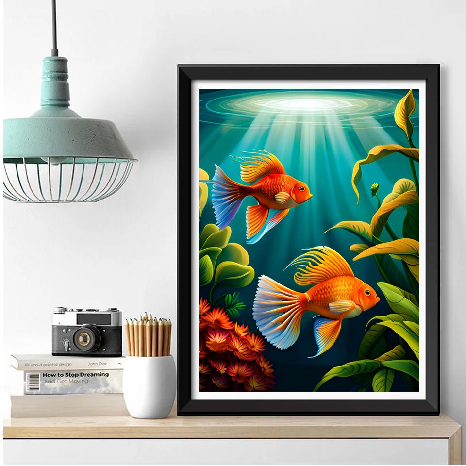 5D Pond Fish DIY Diamond Painted Fish Mosaic Art Diamond Embroidery Kit Handmade Inlaid Home Decoratio