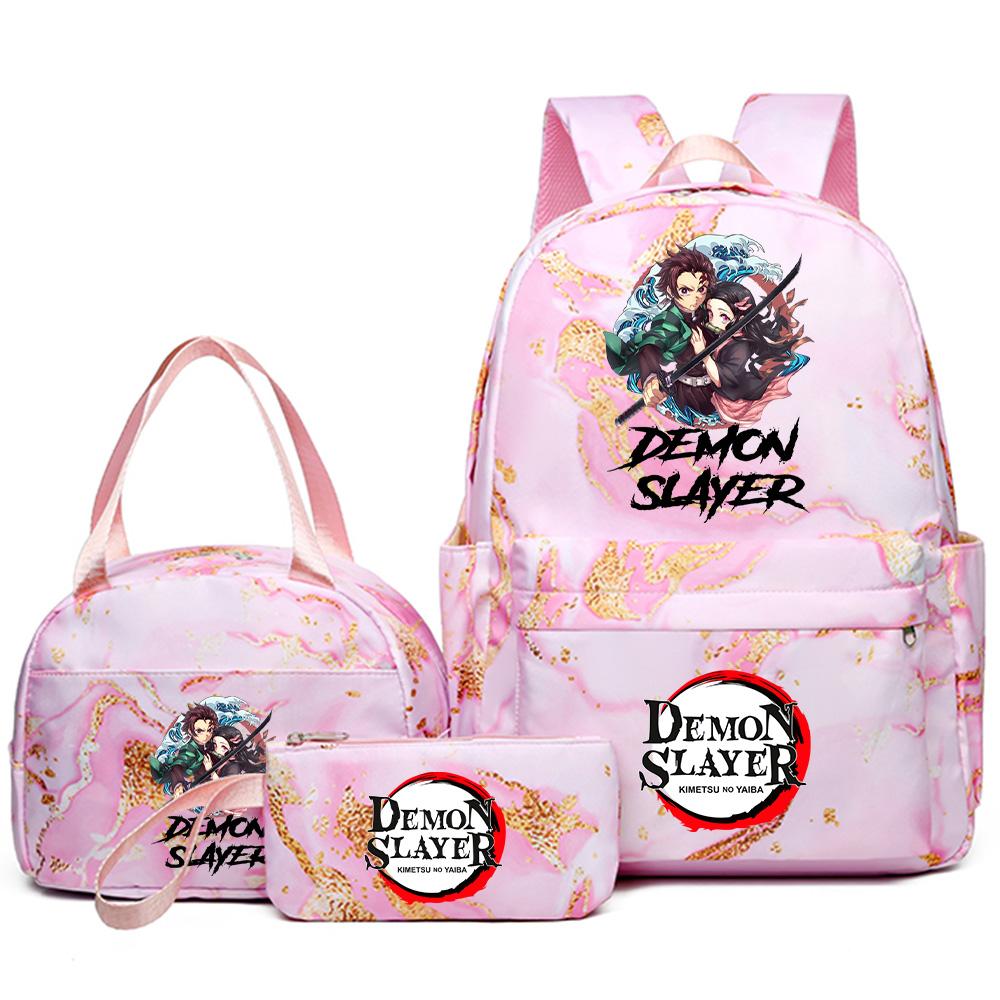 3Pcs/set Demon Slayer Printed Backpack Handbag Pencil Case for Teenager Student Girl Boy Bookbag Schoolbag Women Large Capacity Waterproof Travel Bag