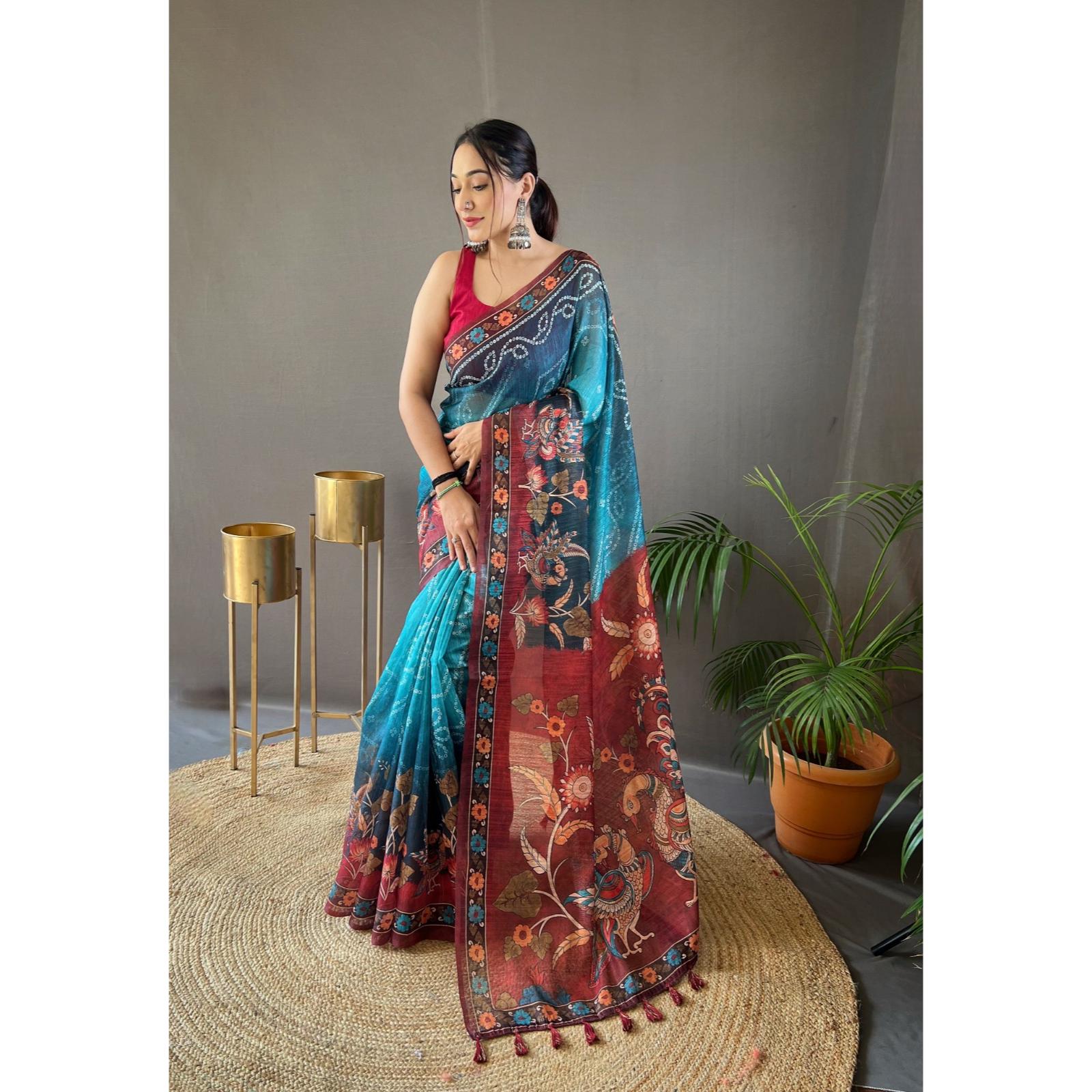 

Сари из мягкого хлопка и шелка туссар с элегантными принтами и контрастным паллу с контрастной блузкой и кисточками.