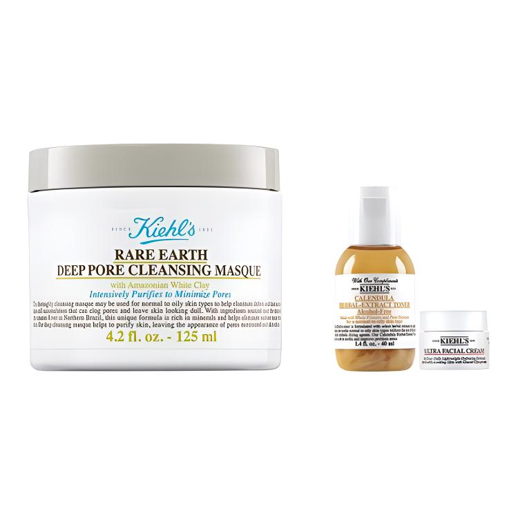 Kiehl s Clay Cleaning Facial Mask Set Skincare Sets Tightening Hydrating 125ml+Toner 40ml+Face Cream 14ml, Previous Version Set