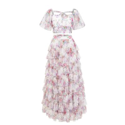 Temperament Printed Short Sleeves and Short Tops with High Waist Skirt and Long Skirt. The Style Is Slimming Two-piece Skirt