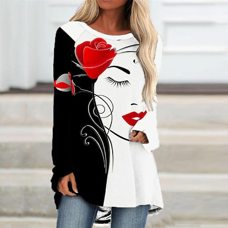 Übergröße Damen Frühling Gesicht bedruckt Bequem Langarm Rundhals T-Shirt Lässig Weit Mittelang Tops