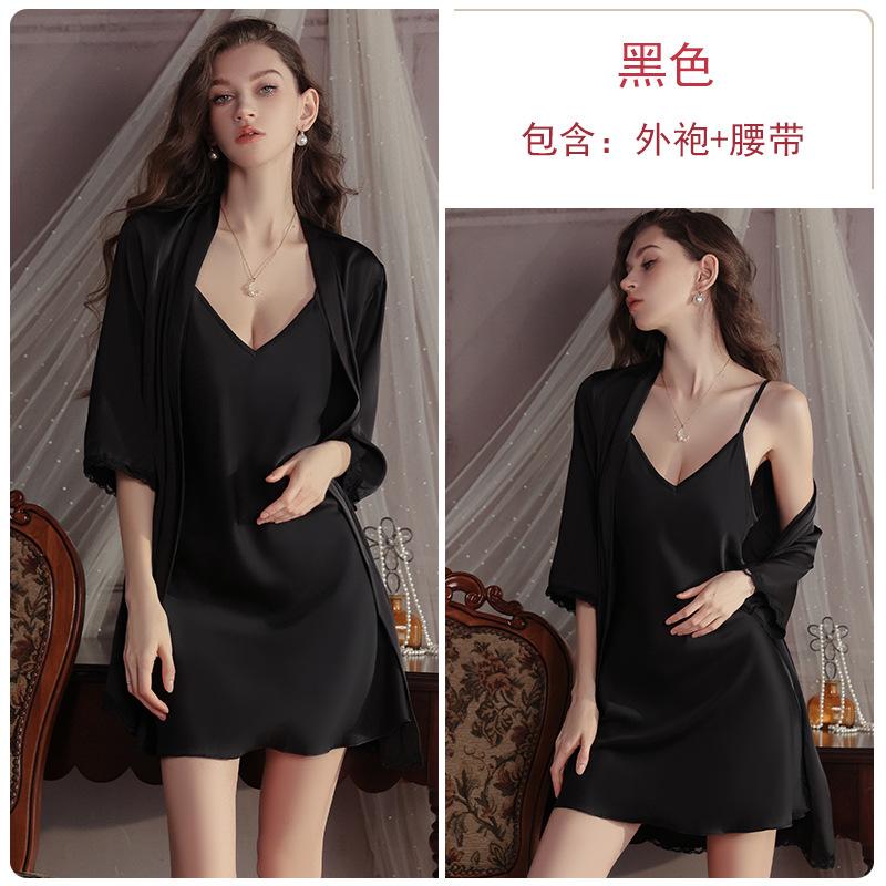 Sweet Smooth Satin Underwear Sexy Deep V Plus Chest Pad Pure Desire Nightdress Robe Loungewear Set