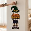 Cute Witch Decoration Happy Halloween Welcome Sign Legs Hat Hanging Wooden Wall Decor Fun Spooky Rustic Front Door Hanger for Porch Indoor Outdoor