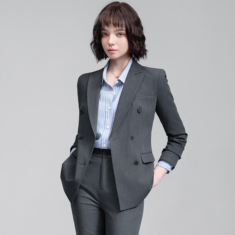 Women's Gray Double-Breasted Suit Set - 2025 Spring/Autumn British Style Formal Workwear