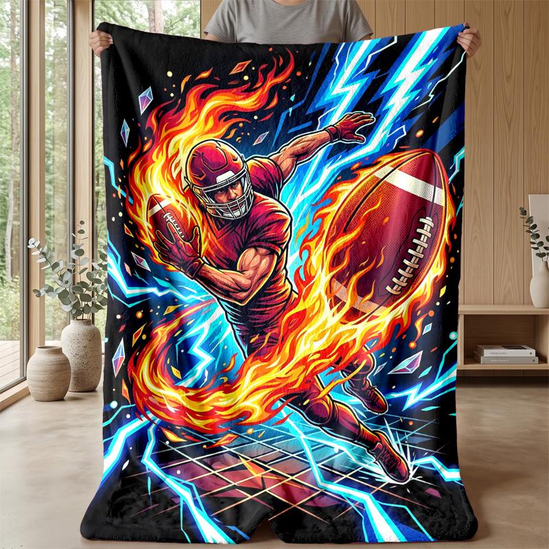 Flaming Football Player Theme Blanket Lightweight Warm Flannel Blanket Decorative Throw Blanket for Home Decoration